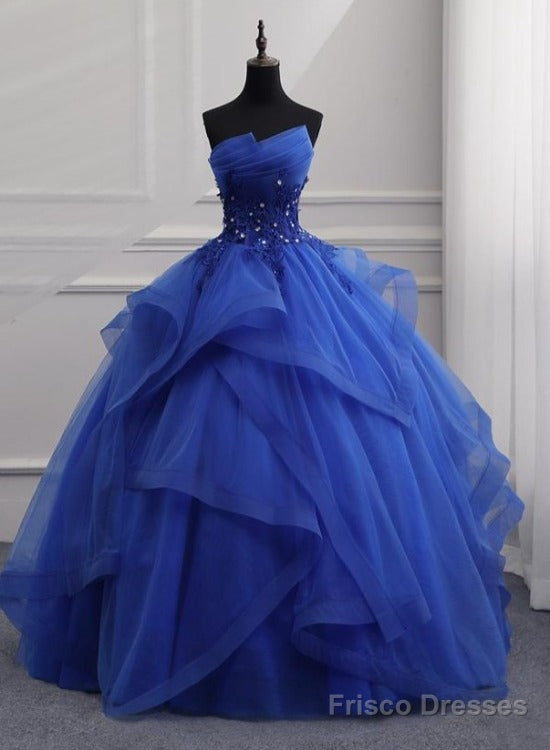 Blue Tulle Ball Gown Lace Beaded Long Quinceanera Dresses, Blue Sweet 16 Dress Wedding Party Dress Main image