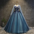 Blue Tulle Ball Gown Long Sweet 16 Dress With Lace Applique, Formal Prom Dress