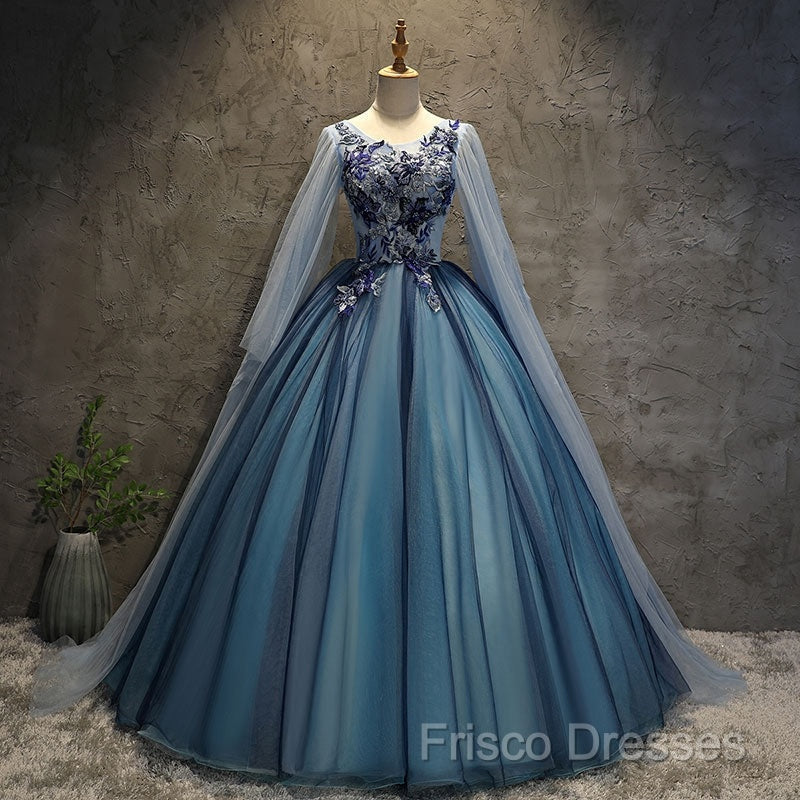 Blue Tulle Ball Gown Long Sweet 16 Dress With Lace Applique, Formal Prom Dress