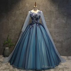 Blue Tulle Ball Gown Long Sweet 16 Dress With Lace Applique, Prom Dress