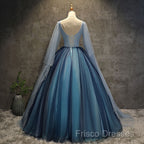 Blue Tulle Ball Gown Long Sweet 16 Dress With Lace Applique, Formal Prom Dress