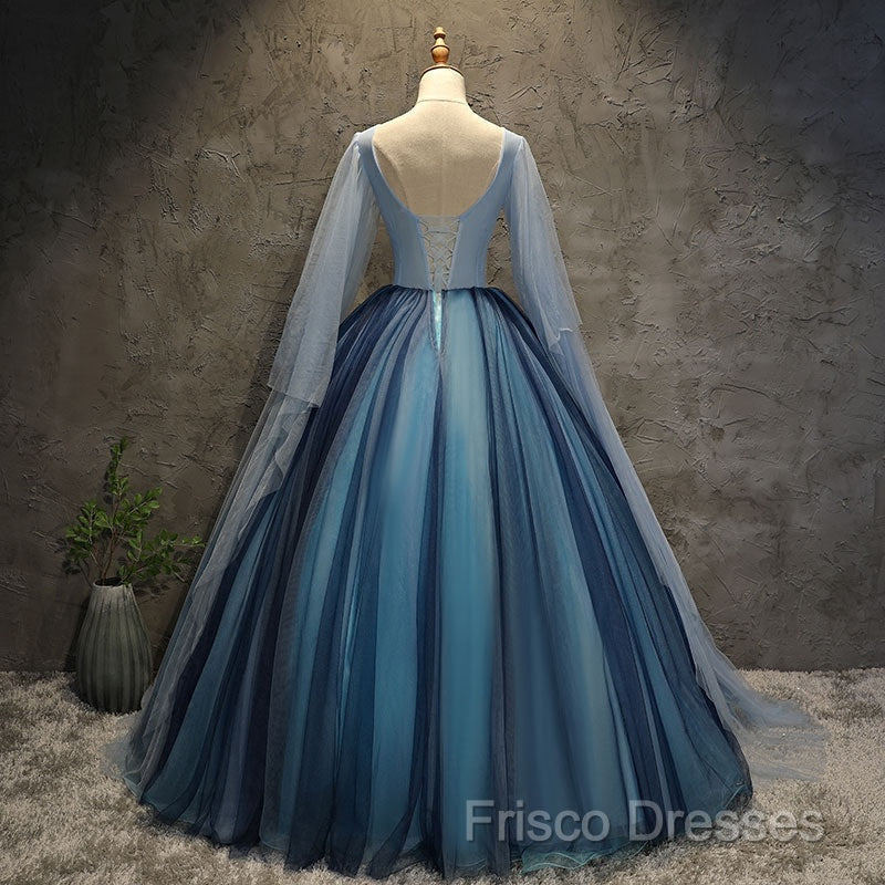 Blue Tulle Ball Gown Long Sweet 16 Dress With Lace Applique, Formal Prom Dress