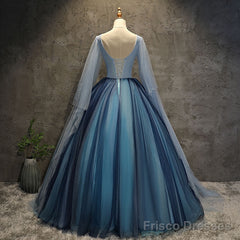 Blue Tulle Ball Gown Long Sweet 16 Dress With Lace Applique, Prom Dress