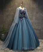 Blue Tulle Ball Gown Long Sweet 16 Dress With Lace Applique, Formal Prom Dress