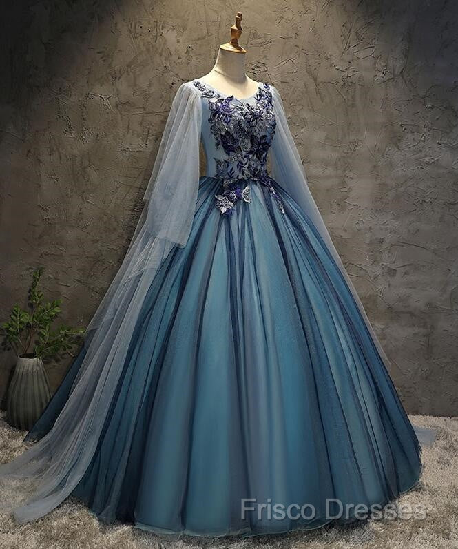 Blue Tulle Ball Gown Long Sweet 16 Dress With Lace Applique, Formal Prom Dress