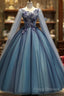 Blue Tulle Ball Gown Long Sweet 16 Dress With Lace Applique, Formal Prom Dress