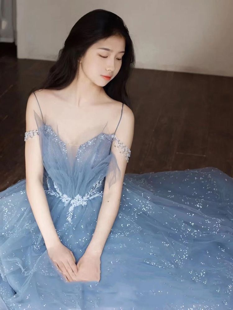 Blue Gorgeous Tulle Beaded Long A-Line Ball Gown Evening Dress
