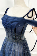 Blue Tulle Beaded Long A-Line Formal Prom Dress, Blue Spaghetti Straps Evening Dress