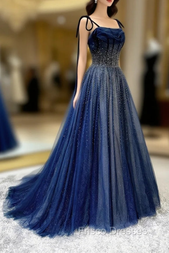 Blue Tulle Beaded Long A-Line Formal Prom Dress, Blue Spaghetti Straps Evening Dress