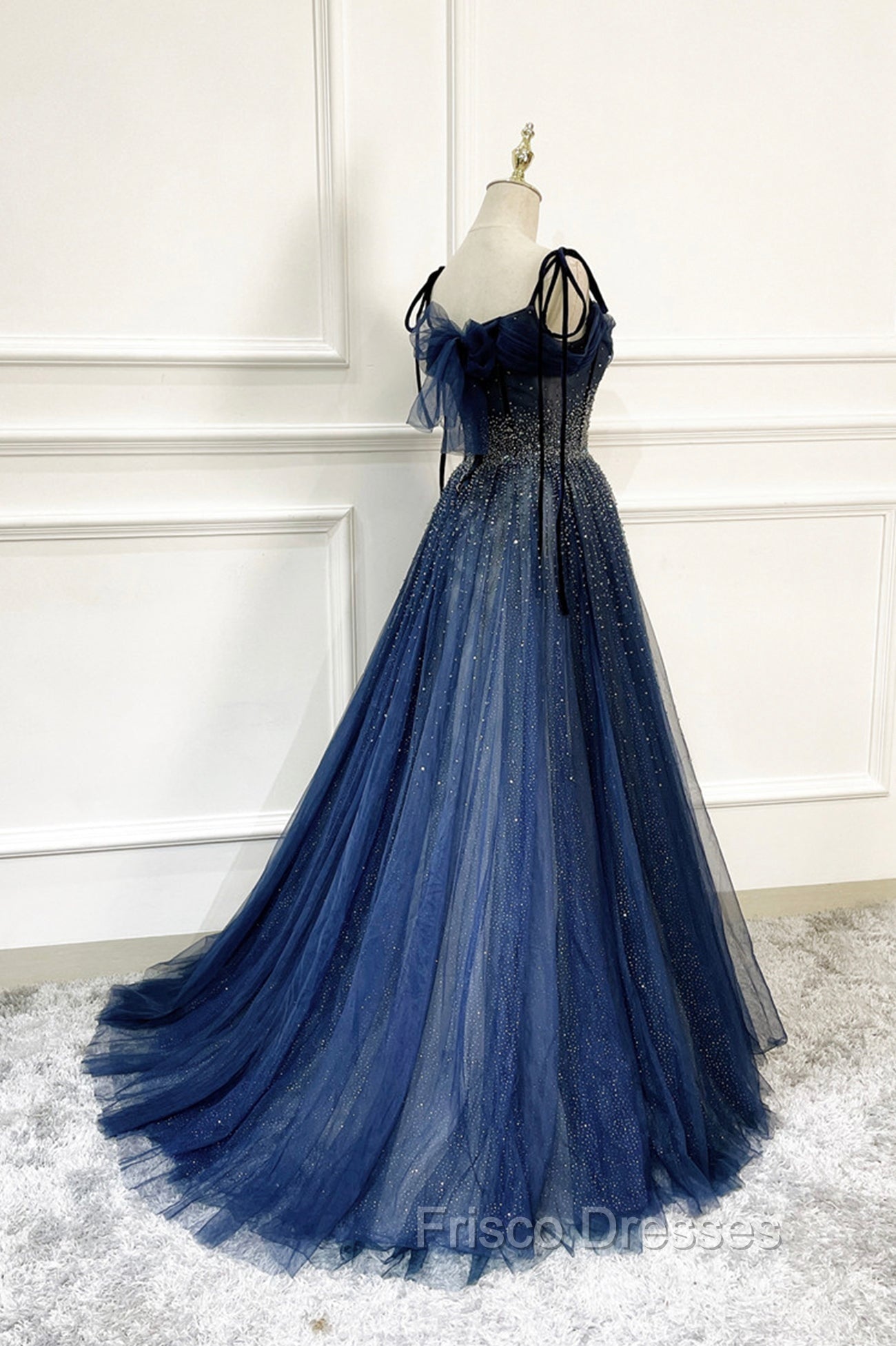 Blue Tulle Beaded Long A-Line Formal Prom Dress, Blue Spaghetti Straps Evening Dress