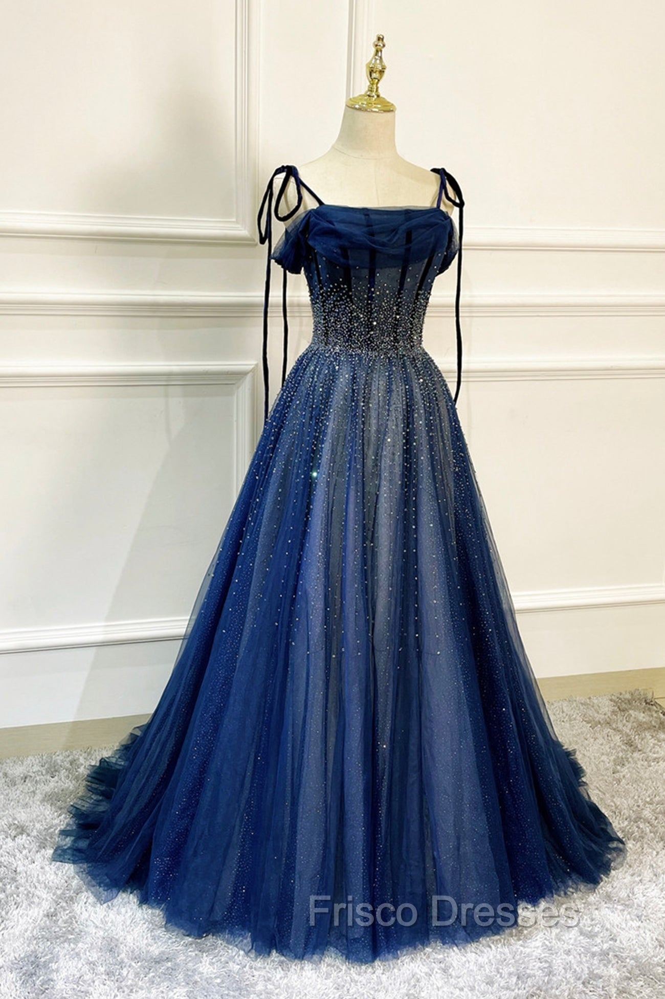 Blue Tulle Beaded Long A-Line Formal Prom Dress, Blue Spaghetti Straps Evening Dress Main image