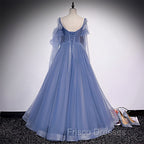 Blue Tulle Beaded Long Formal Dress Party Dress, A-line Wedding Party Dress