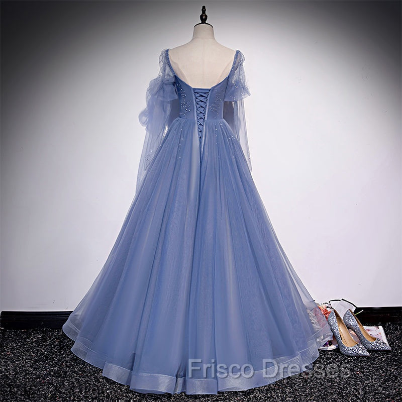Blue Tulle Beaded Long Formal Dress Party Dress, A-line Wedding Party Dress