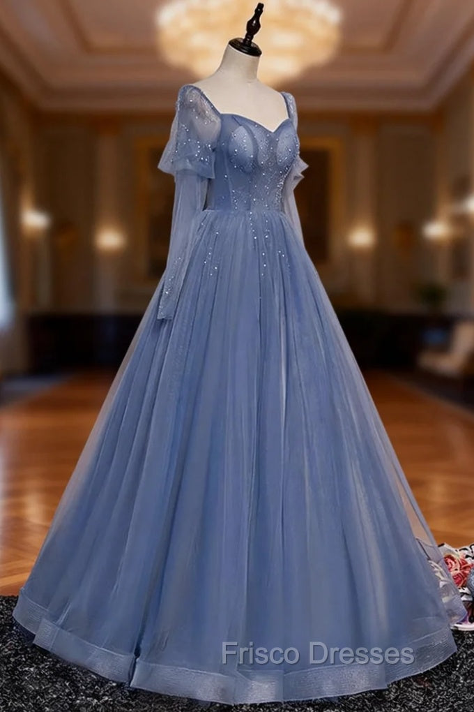 Blue Tulle Beaded Long Formal Dress Party Dress, A-line Wedding Party Dress