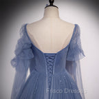Blue Tulle Beaded Long Formal Dress Party Dress, A-line Wedding Party Dress