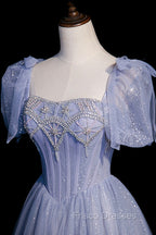 Blue Tulle Beaded Long Formal Prom Dress, A-Line Blue Evening Party Dress