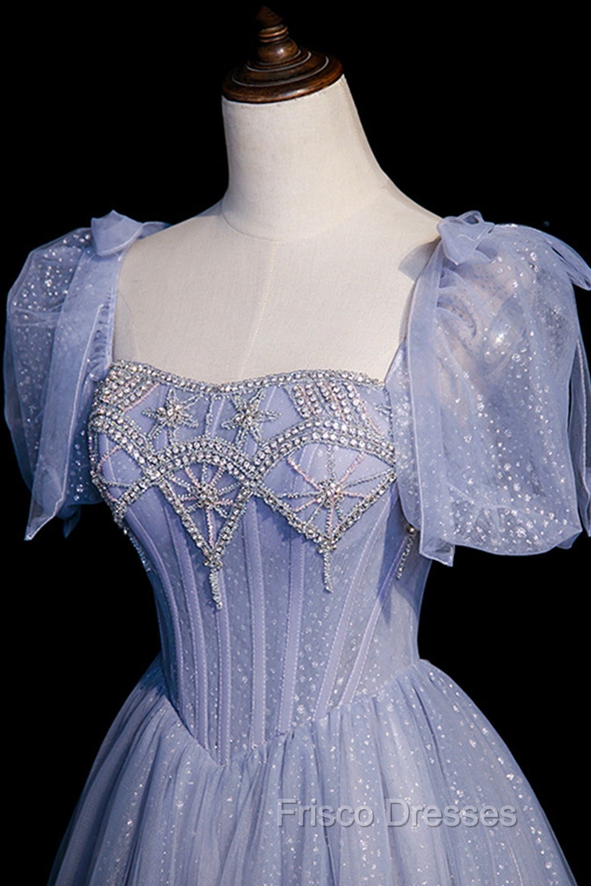 Blue Tulle Beaded Long Formal Prom Dress, A-Line Blue Evening Party Dress