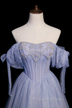 Blue Tulle Beaded Long Formal Prom Dress, A-Line Blue Evening Party Dress