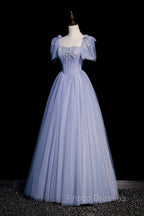 Blue Tulle Beaded Long Formal Prom Dress, A-Line Blue Evening Party Dress