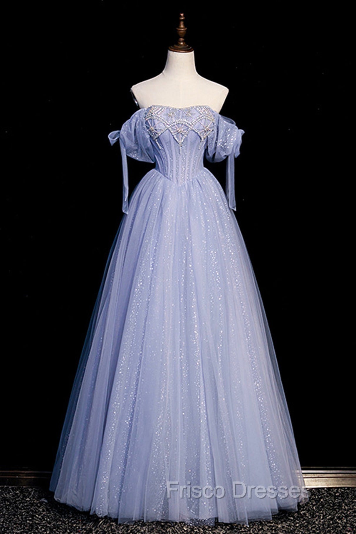 Blue Tulle Beaded Long Formal Prom Dress, A-Line Blue Evening Party Dress