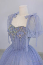 Blue Tulle Beaded Long Prom Dress, Beautiful A-Line Blue Evening Party Dress