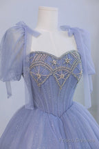 Blue Tulle Beaded Long Prom Dress, Beautiful A-Line Blue Evening Party Dress