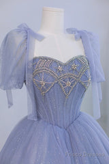 Blue Tulle Beaded Long Prom Dress, Beautiful A-Line Blue Evening Party Dress