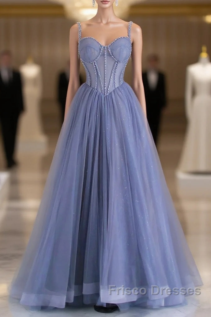 Blue Tulle Beaded Long Formal Prom Dress, Beautiful Spaghetti Strap A-Line Evening Party Dress Main image