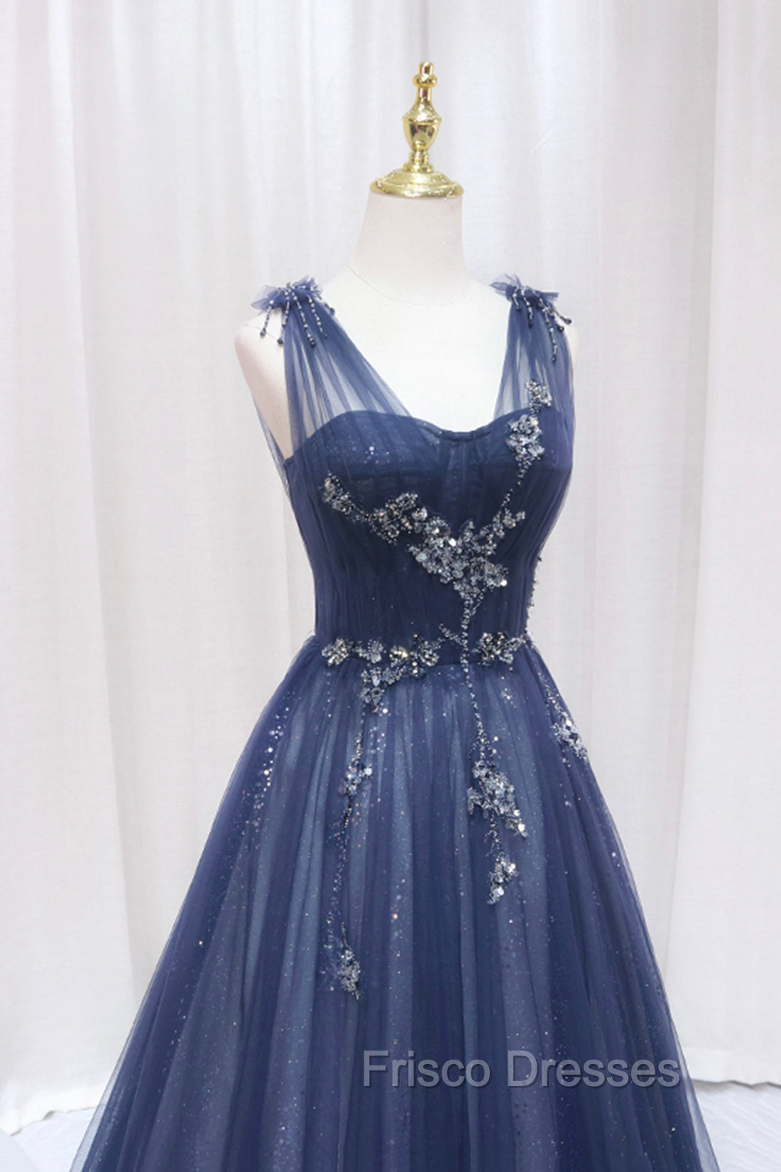 Blue Tulle Beaded Long Formal Prom Dress, Blue A-Line Evening Party Dress Secondary image