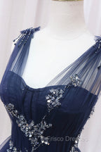 Blue Tulle Beaded Long Formal Prom Dress, Blue A-Line Evening Party Dress