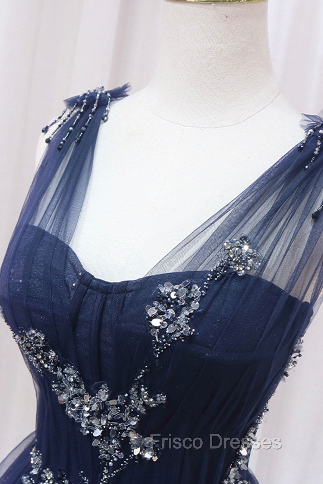 Blue Tulle Beaded Long Formal Prom Dress, Blue A-Line Evening Party Dress