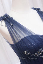 Blue Tulle Beaded Long Formal Prom Dress, Blue A-Line Evening Party Dress