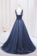 Blue Tulle Beaded Long Formal Prom Dress, Blue A-Line Evening Party Dress