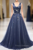 Blue Tulle Beaded Long Formal Prom Dress, Blue A-Line Evening Party Dress