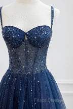 Blue Tulle Beaded Long Formal Prom Dress Formal Dress
