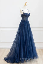 Blue Tulle Beaded Long Formal Prom Dress Formal Dress