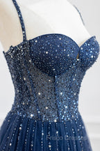 Blue Tulle Beaded Long Formal Prom Dress Formal Dress, Blue Evening Dress