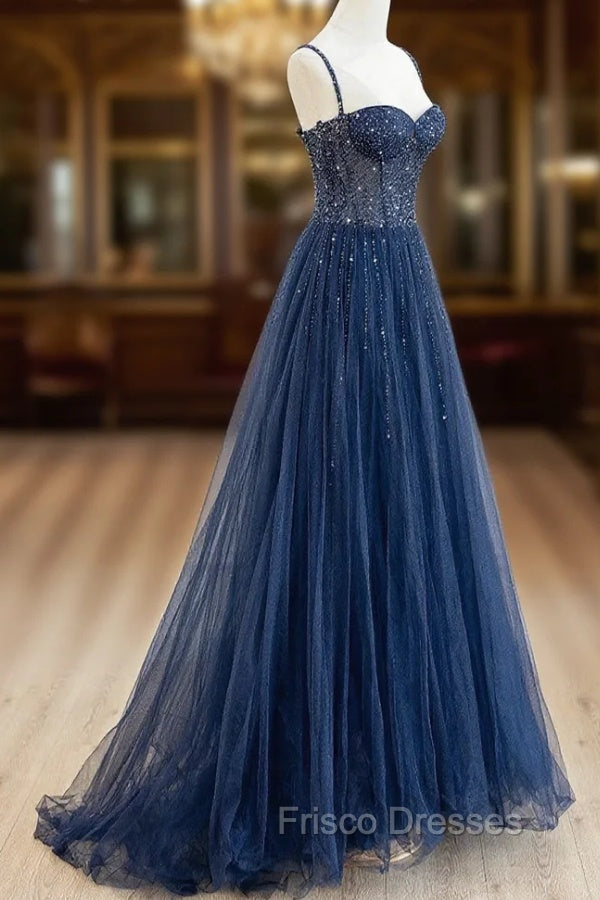 Blue Tulle Beaded Long Formal Prom Dress Formal Dress, Blue Evening Dress