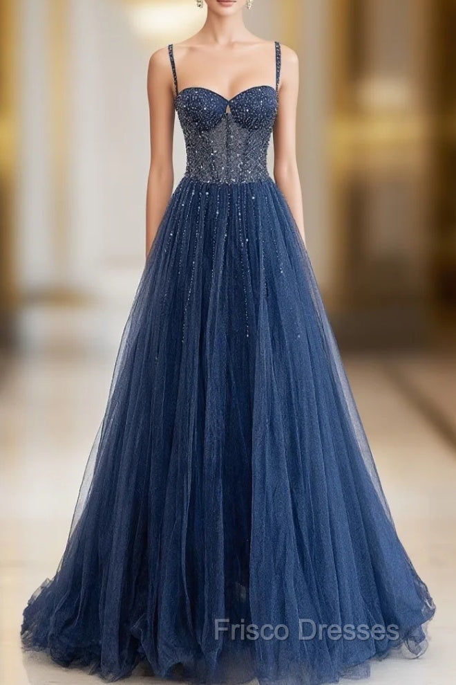 Blue Tulle Beaded Long Formal Prom Dress Formal Dress
