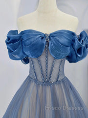 Blue Tulle Beaded Long Formal Prom Dress, Off The Shoulder Evening Party Dress