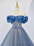 Blue Tulle Beaded Long Formal Prom Dress, Off The Shoulder Evening Party Dress