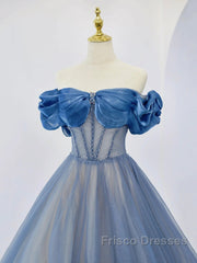 Blue Tulle Beaded Long Formal Prom Dress, Off The Shoulder Evening Party Dress