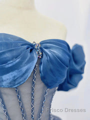 Blue Tulle Beaded Long Formal Prom Dress, Off The Shoulder Evening Party Dress
