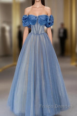 Blue Tulle Beaded Long Formal Prom Dress, Off The Shoulder Evening Party Dress