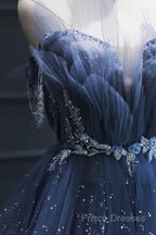 Blue Tulle Beaded Long Senior Formal Prom Dress, A-Line Layers Beaded Long Formal Party Dress