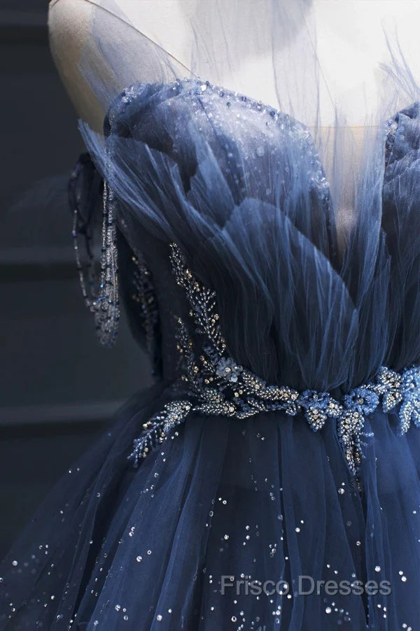 Blue Tulle Beaded Long Senior Formal Prom Dress, A-Line Layers Beaded Long Formal Party Dress