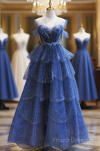 Blue Tulle Beaded Long Senior Formal Prom Dress, A-Line Layers Beaded Long Formal Party Dress
