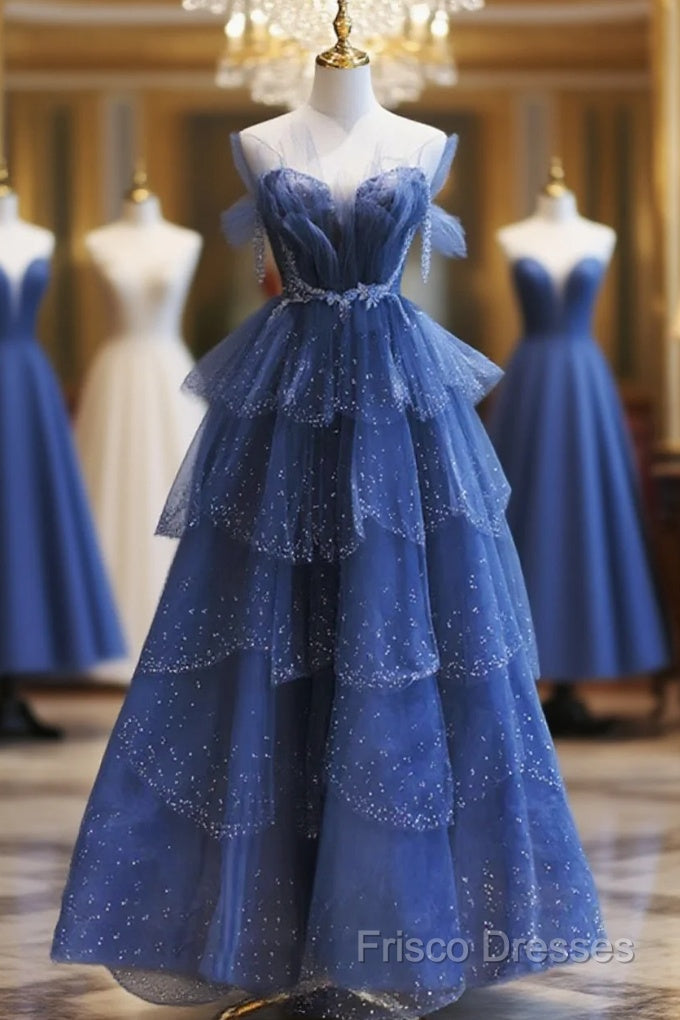 Blue Tulle Beaded Long Senior Formal Prom Dress, A-Line Layers Beaded Long Formal Party Dress