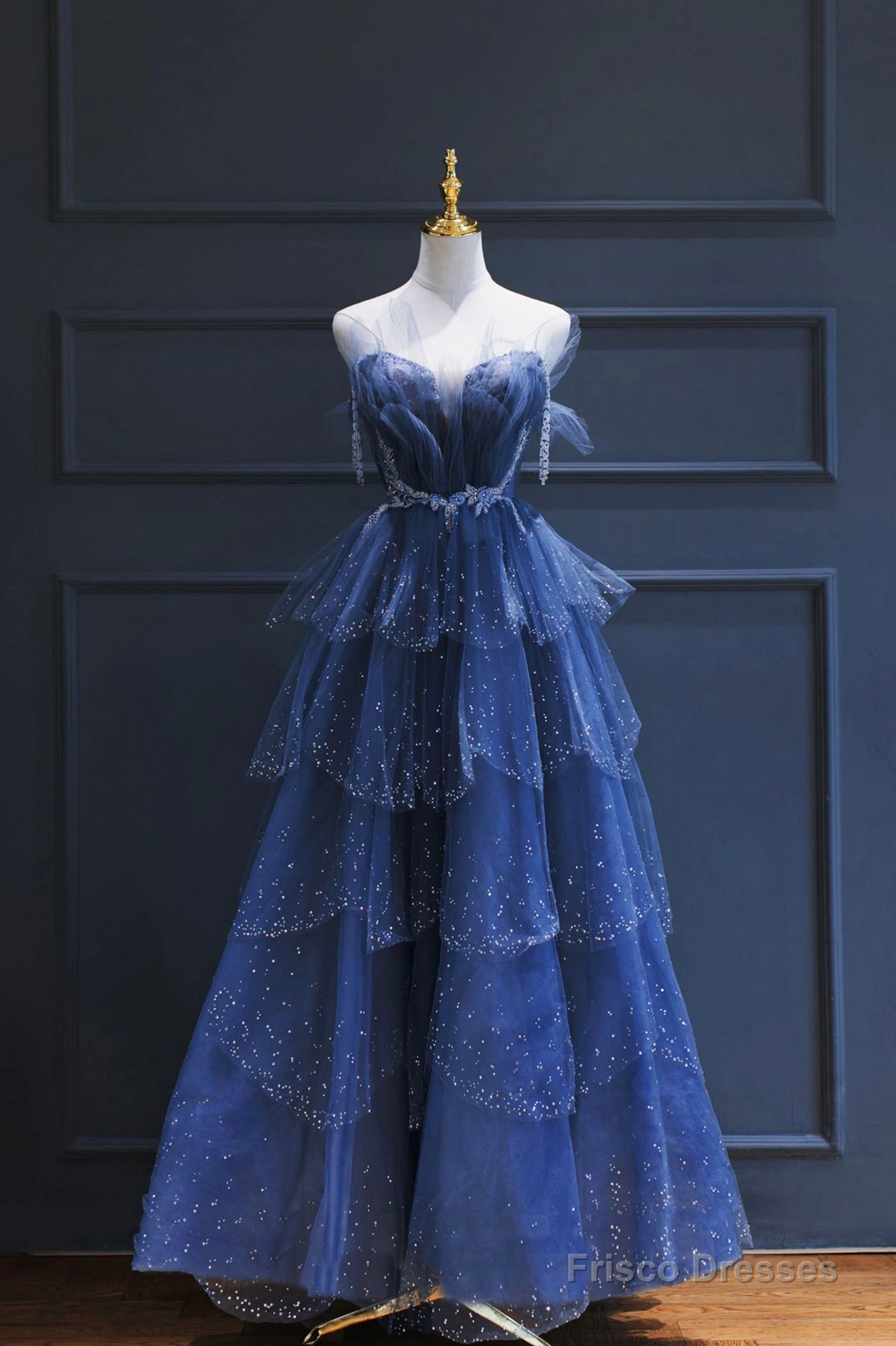 Blue Tulle Beaded Long Senior Prom Dress, A-Line Strapless Evening Party Dress Main image