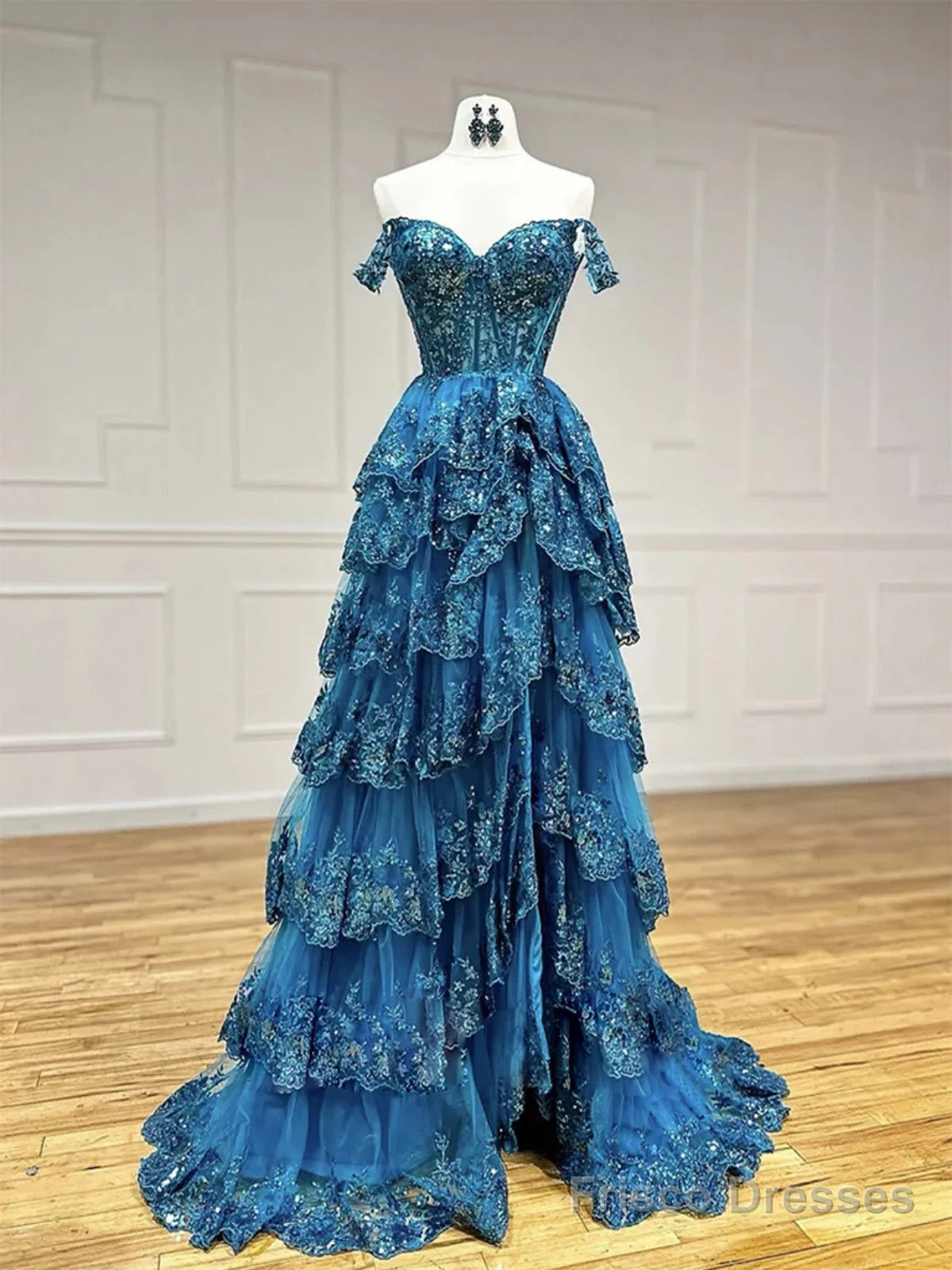 Blue Tulle Beaded With Lace Sweetheart Long Party Dress, Off Shoulder Blue Prom Dress Main image